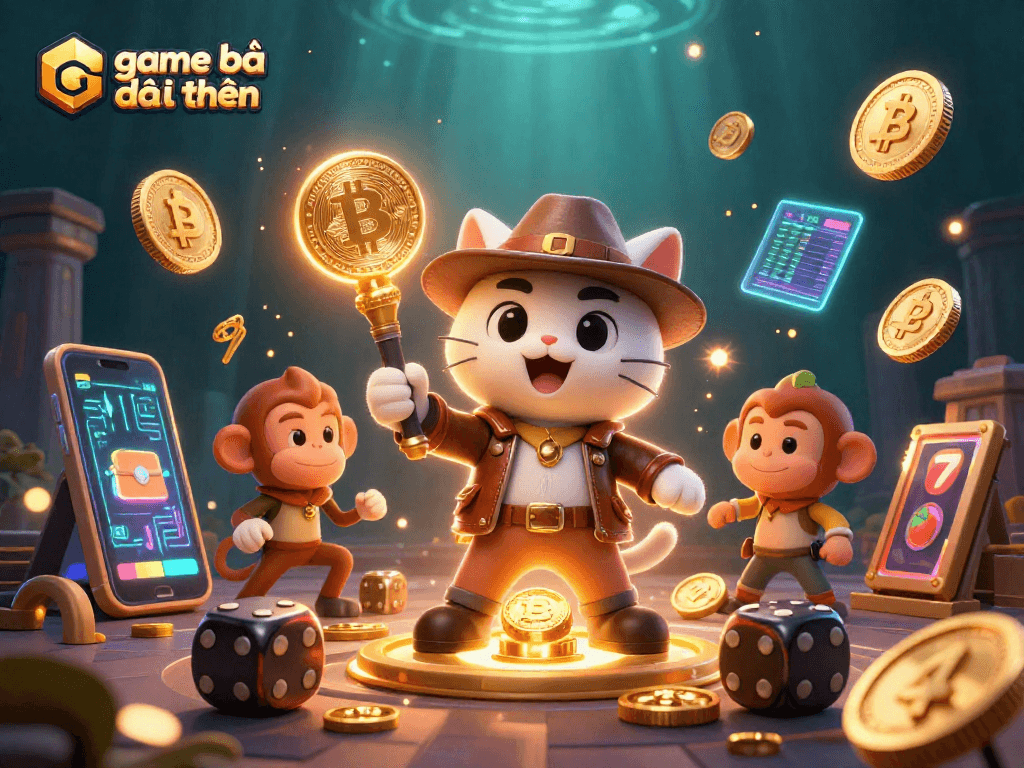 Engage in the world of game bài đổi thưởng with an archaeologist cat, slot reels, and cryptocurrency.