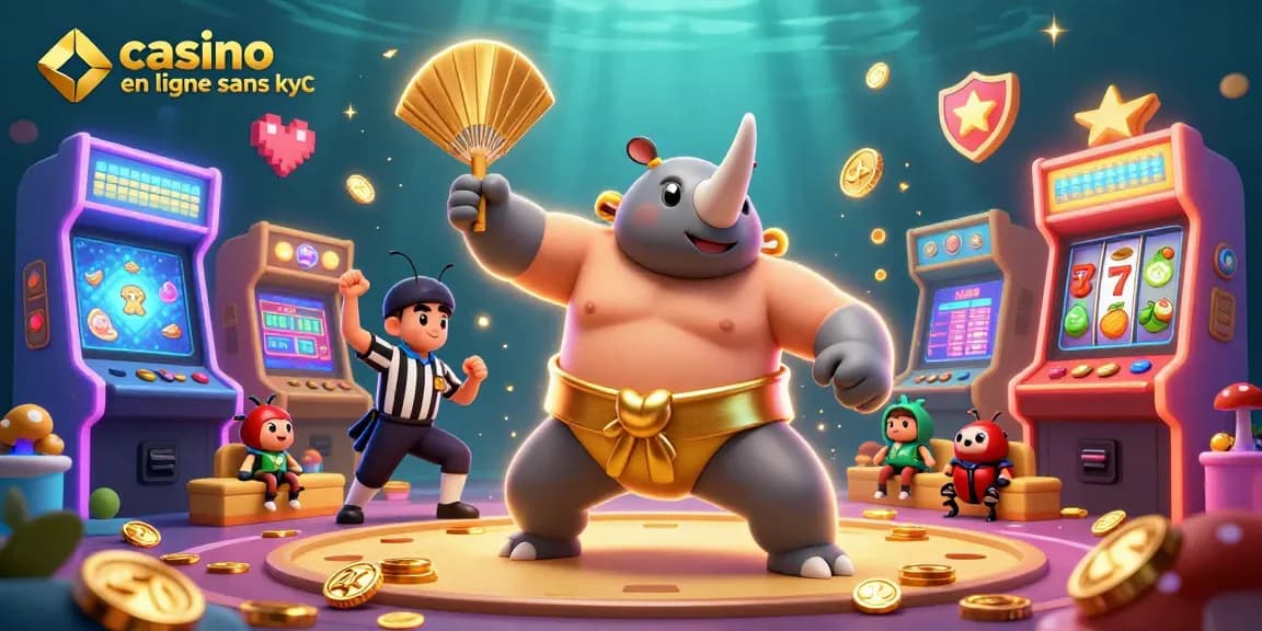 Un champion sumo scarabée rhinocéros dans un casino en ligne sans KYC, entouré de machines de jeu colorées.