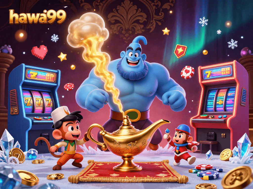 Join the gaming action with hawai99, featuring a vibrant 3D casino scene with a genie and slot machine elements.