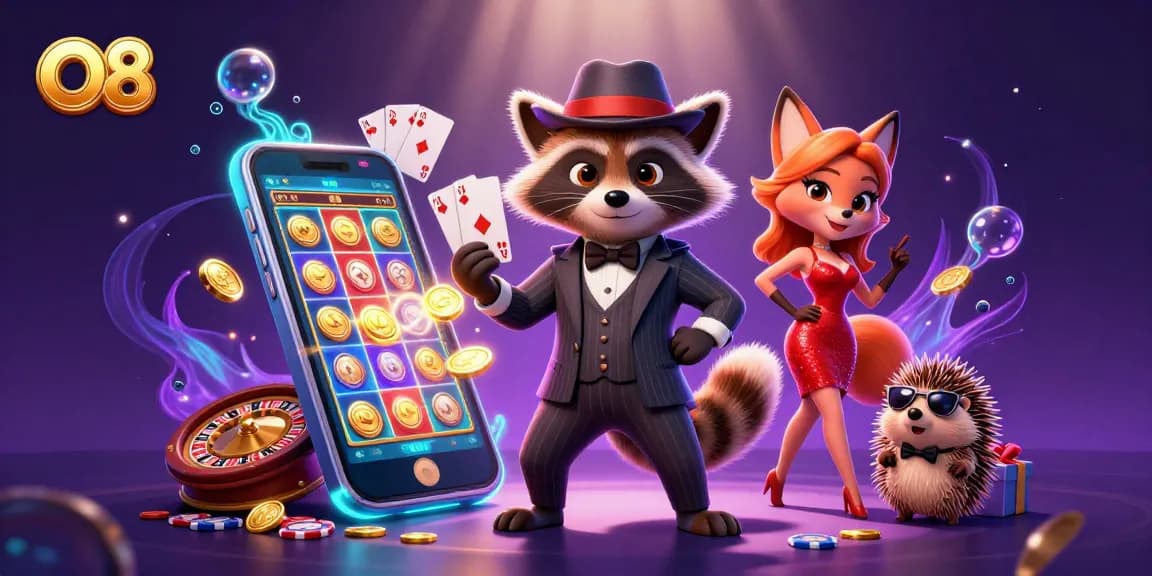 O8 showcases a raccoon holding a royal flush with vibrant casino elements surrounding it.
