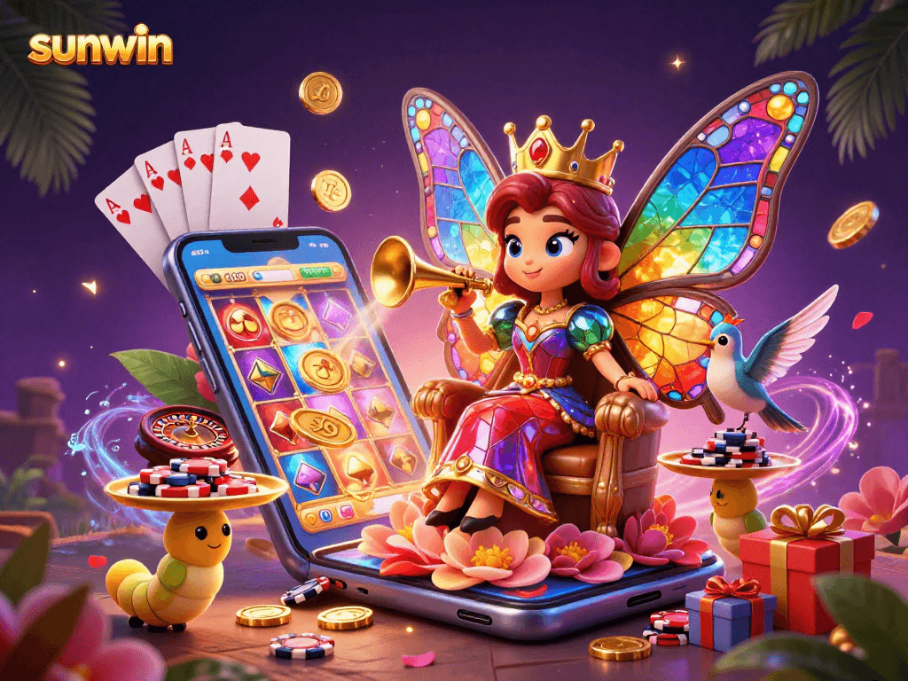 Experience exciting wins with sunwin as a butterfly queen rules a magical casino in vibrant colors.