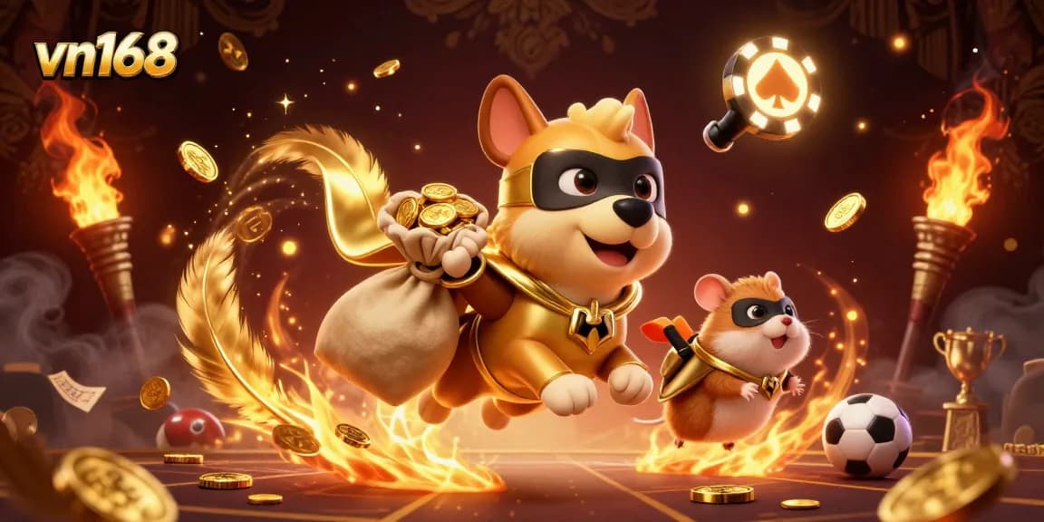 Experience thrilling gameplay at vn168 with our superhero dog and hamster in a vibrant casino atmosphere.