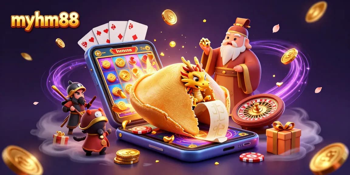Experience dynamic gameplay with myhm88, featuring an enchanting 3D scene of a golden fortune cookie, dragon, and casino elements.