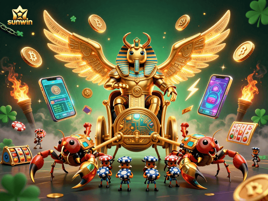 Experience the vibrant sunwin casino scene with a golden beetle and scorpions amidst rich gaming elements.