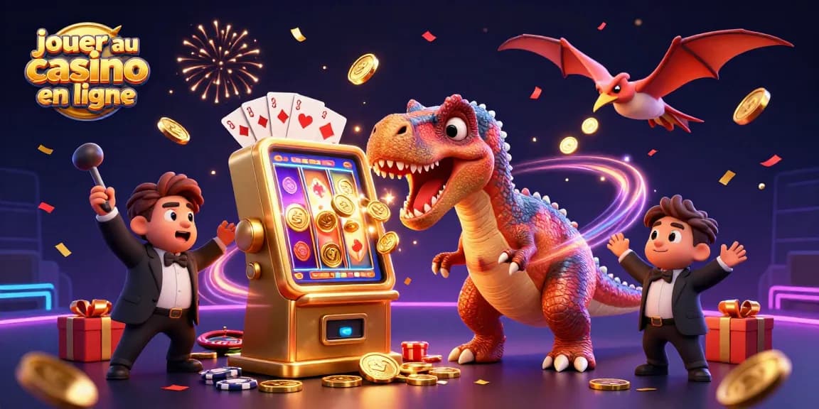 Jouer au casino en ligne avec une machine à sous dorée et des pièces tout autour, ambiance festive.