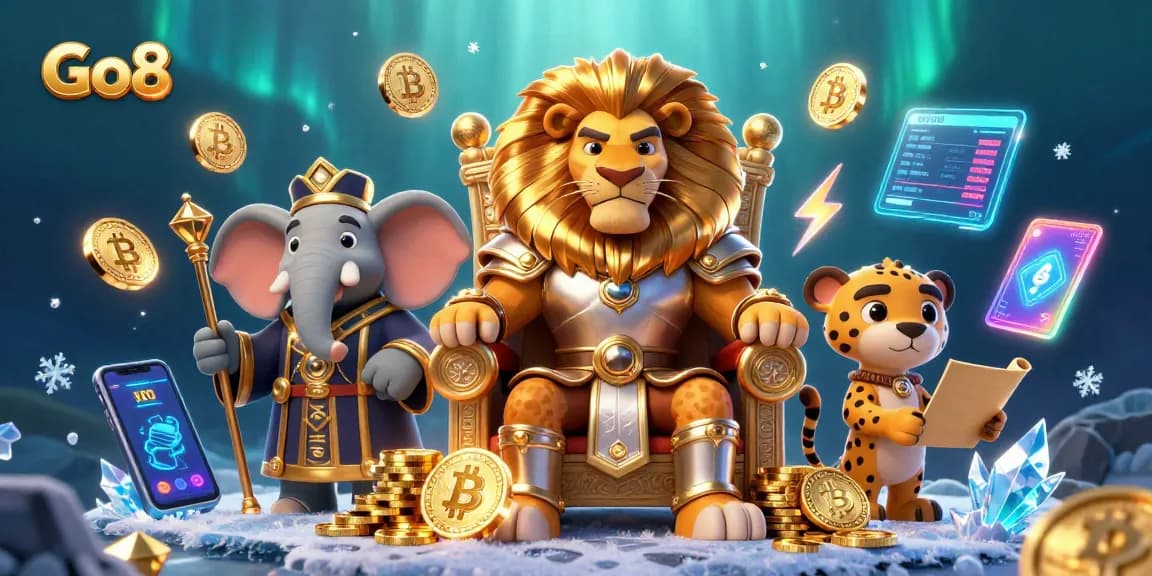 Go8 players enjoy a vibrant casino scene with a royal lion king amidst glowing digital currency elements.