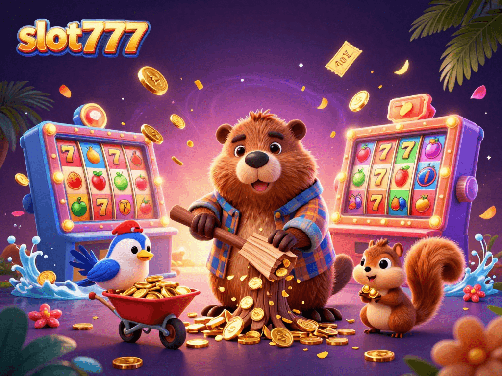 Experience thrilling wins with slot777 as a cartoon beaver chops a coin-raining tree surrounded by vibrant gambling elements.