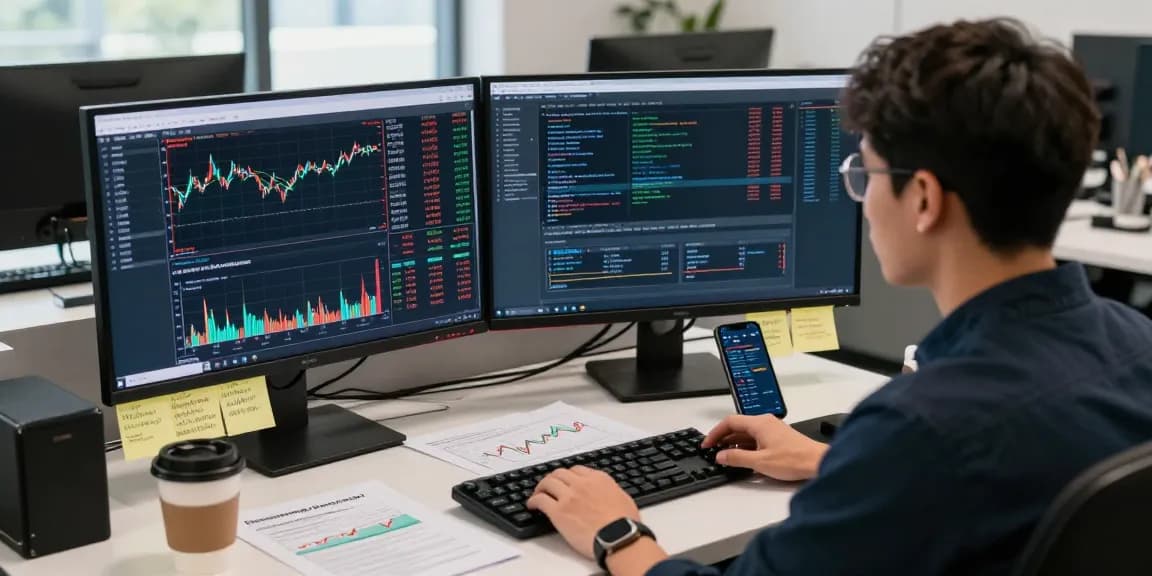 TSE stock exchange data feed displayed on sleek dual monitors in a modern trading workspace, highlighting real-time market analysis.