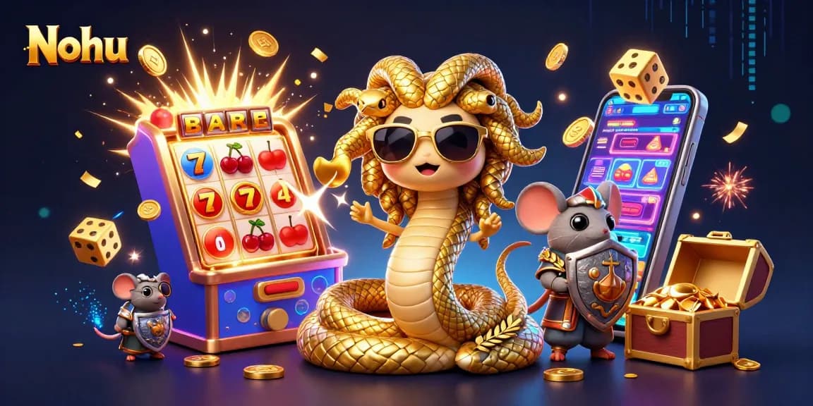 Nohu explores jackpot excitement with Medusa, a mouse warrior, and vibrant casino elements.