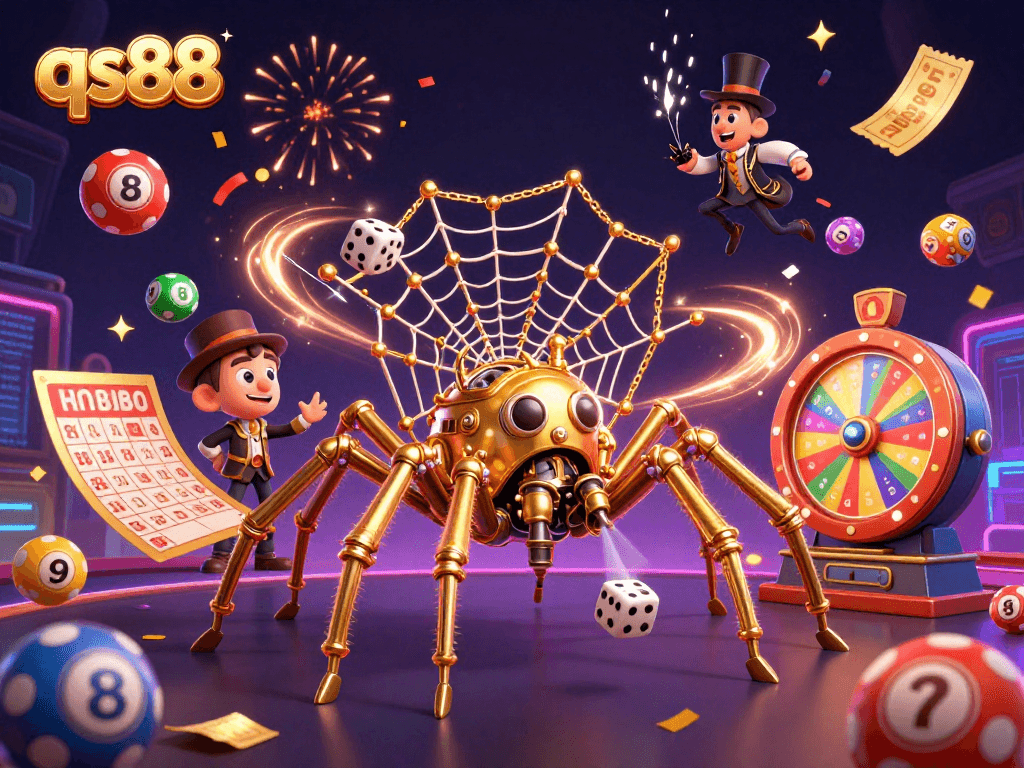 Engage in thrilling gameplay at qs88 with dynamic lottery balls and a whimsical steampunk spider.