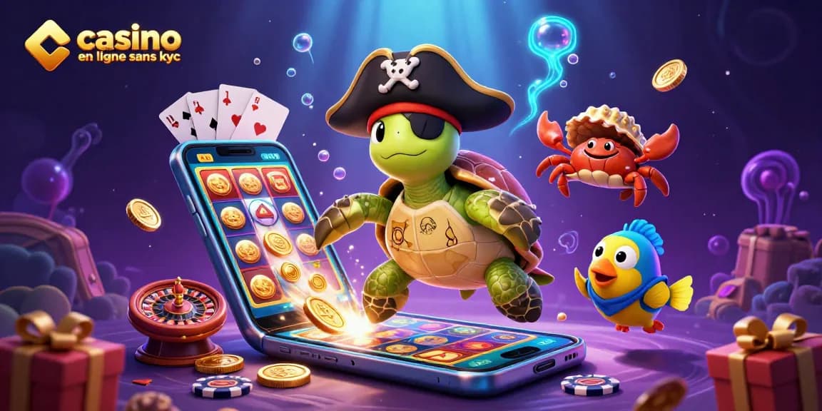 Illustration de casino en ligne sans KYC, présentant des personnages animés jouant dans un décor sous-marin vibrant.