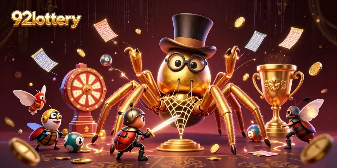 92lottery dynamic lottery scene featuring a golden tarantula, a beetle knight, and many lottery elements.