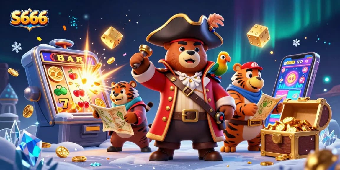 S666's dynamic casino scene with a pirate bear, tiger, and parrot showcasing thrilling slot jackpots and colorful gaming.