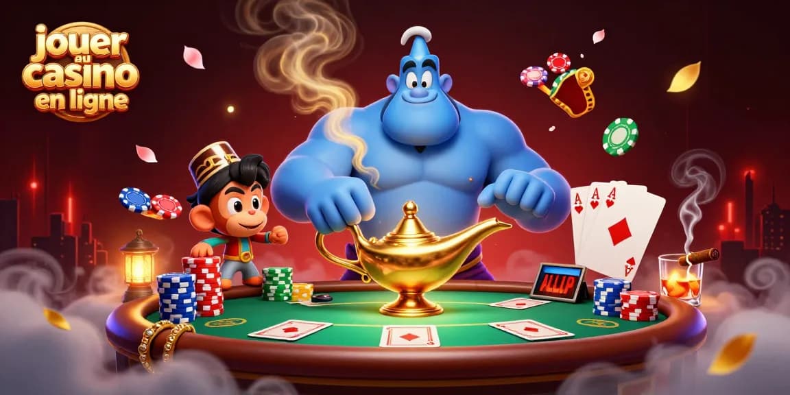 Jouer au casino en ligne avec le génie en 3D, des cartes et des jetons autour d'eux.