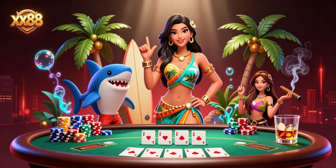 Engage with xx88 through festive casino vibes featuring poker chips and colorful characters.