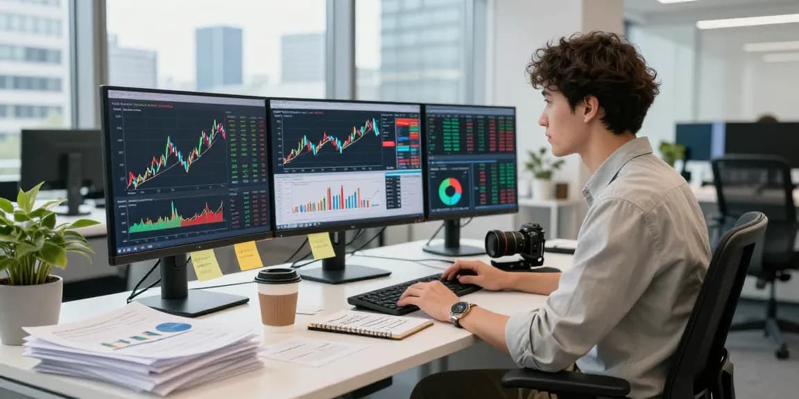 实时分析法兰克福交易所数据源的金融分析师在现代办公室中专注工作