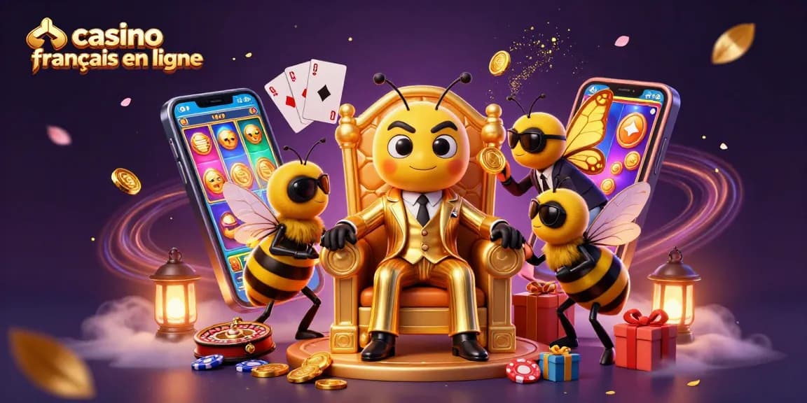 Jouez dans un casino francais en ligne avec un boss abeille et ses gardes, entourés de jeux de casino.