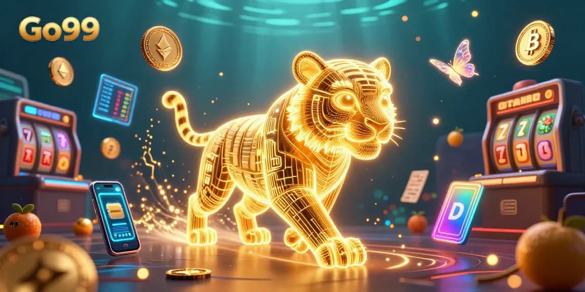 Experience Go99's thrilling casino environment with a neon tiger and digital creatures amidst jackpot elements.
