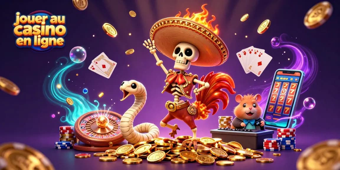 Vibrez en jouant au casino en ligne avec une scène festive accompagnée d'un personnage coloré et de riches éléments de jeu.