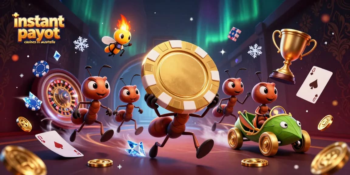 Experience the thrill of instant payout casinos in Australia with a team of animated ants undertaking a golden heist.