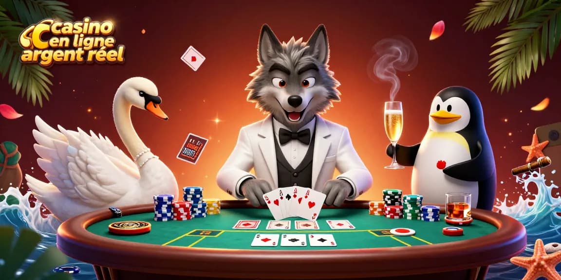 Jouez au casino en ligne argent réel avec un loup en costume autour d'une table de baccarat.