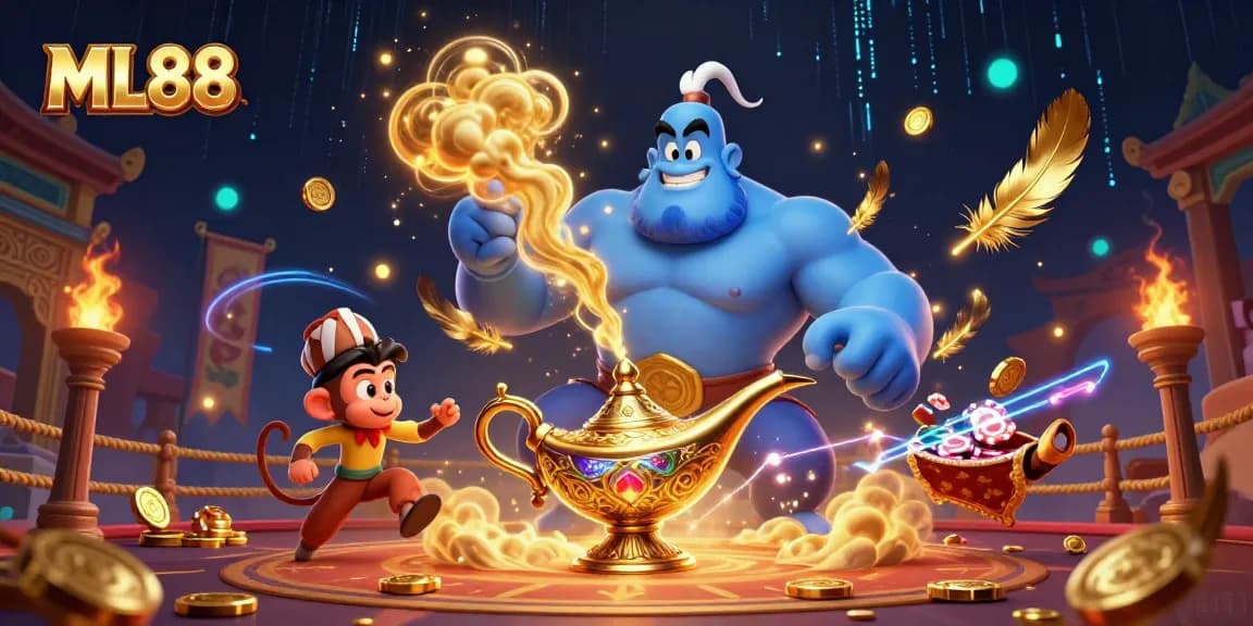 Experience the excitement of ML88 with this vibrant casino-themed illustration featuring a genie and poker chips.