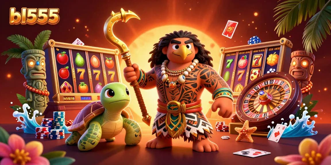 Experience thrilling action with bl555's vibrant casino scene featuring a Hawaiian demigod and animated games.