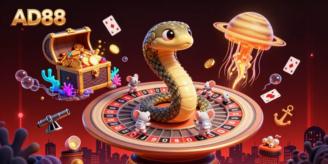 Experience the exhilarating bets at AD88 with 3D characters in a cosmic casino scene.