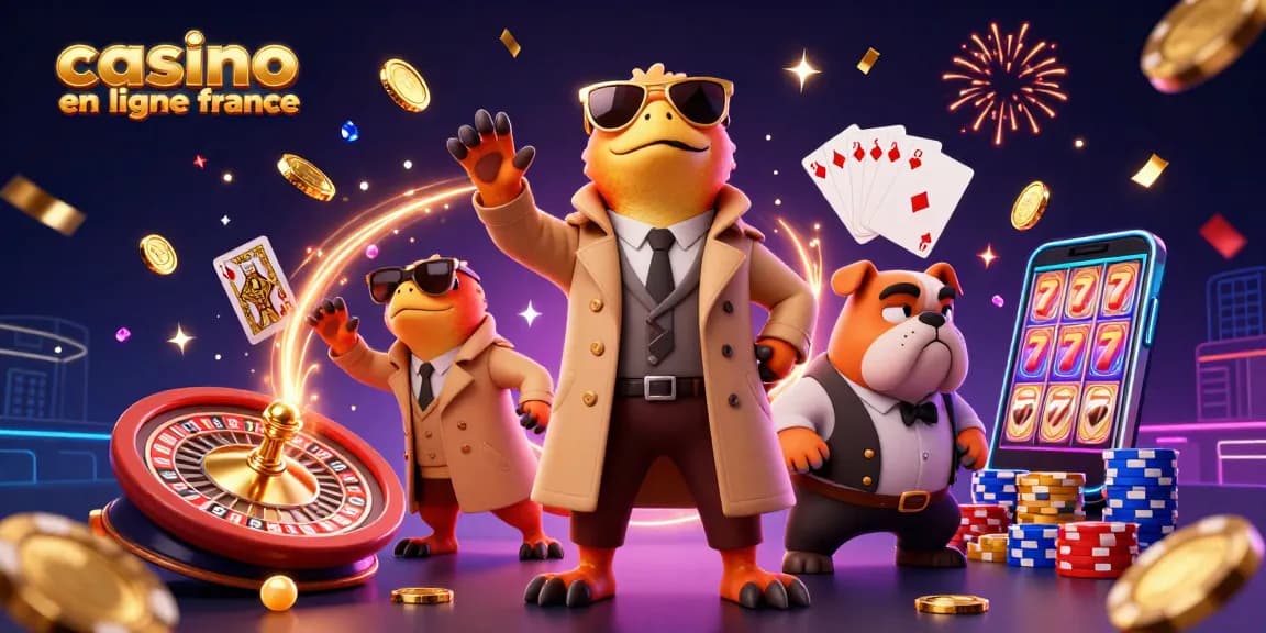Jouez au casino en ligne France avec des raptors en trench et un bulldog, illuminé par des pièces dorées.