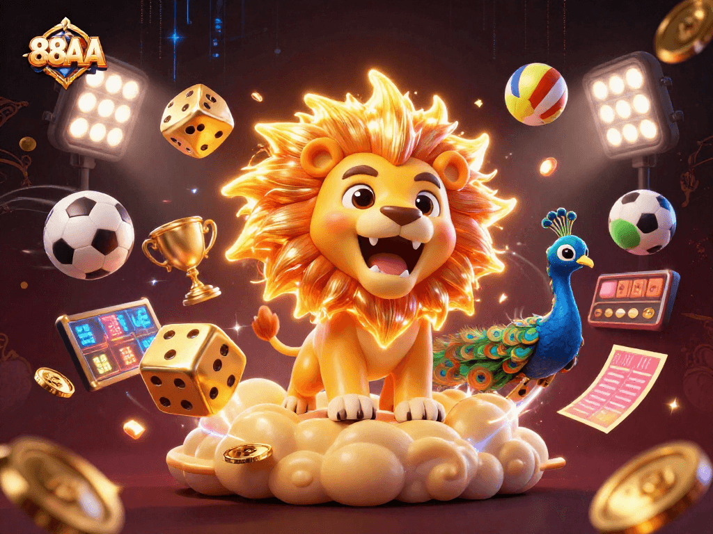 Feel the excitement with 88AA as the sun lion roars on a platform surrounded by dynamic sports elements.