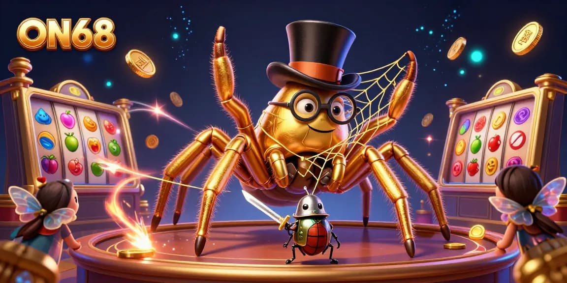 Engage in vibrant gameplay with ON68’s golden tarantula and dynamic slot reels in a rich casino scene.