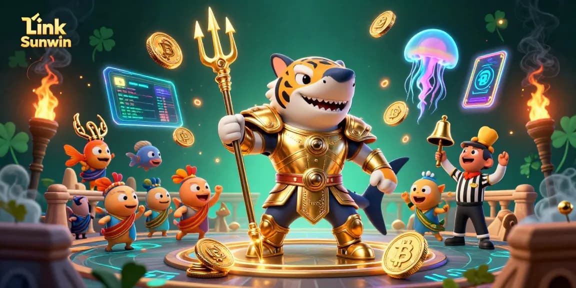 Engage with Link Sunwin at an underwater colosseum featuring a golden shark gladiator ready for action.