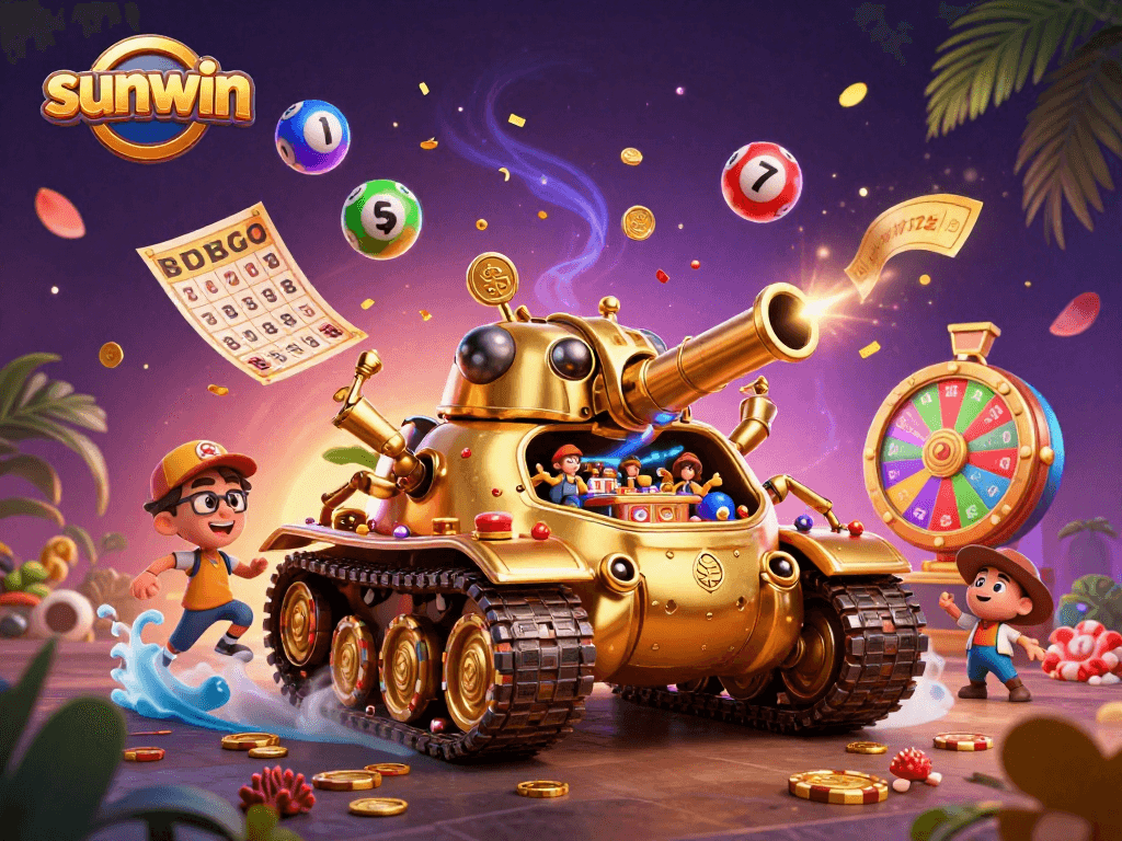 Experience the excitement of sunwin with a vibrant digital casino scene featuring a unique beetle tank.