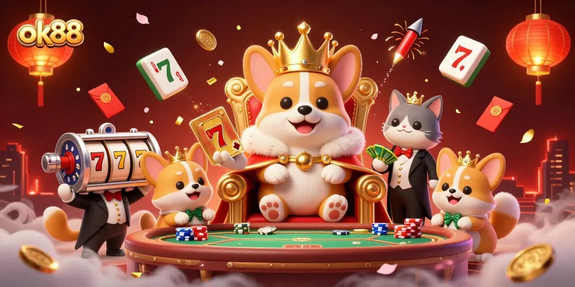 Experience the excitement of ok88 with a lavish 3D casino scene featuring a royal corgi and vibrant gaming symbols.