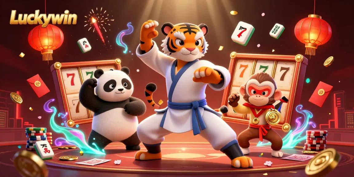 Experience Luckywin with a dynamic illustration of gambling fun, featuring animated characters and vibrant casino elements.