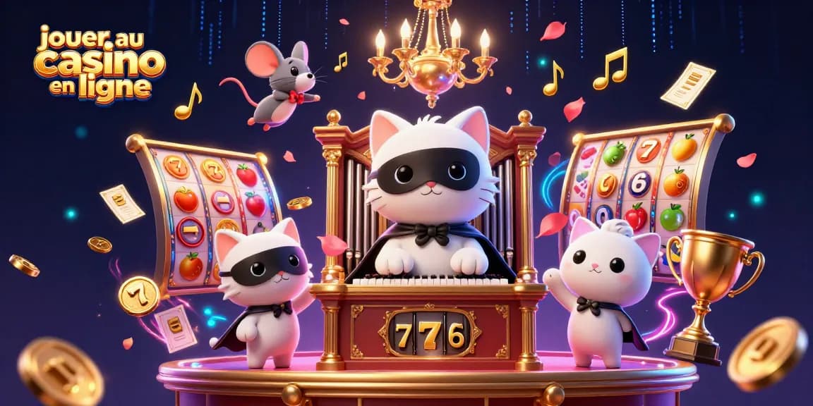 Jouer au casino en ligne avec une illustration captivante de jeux de machines à sous et des personnages dynamiques.