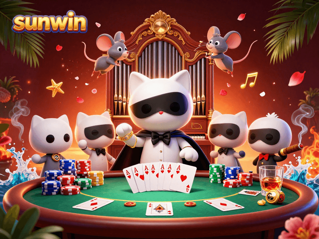 Engage with sunwin's dynamic poker scene featuring a masked cat and acrobat mouse.