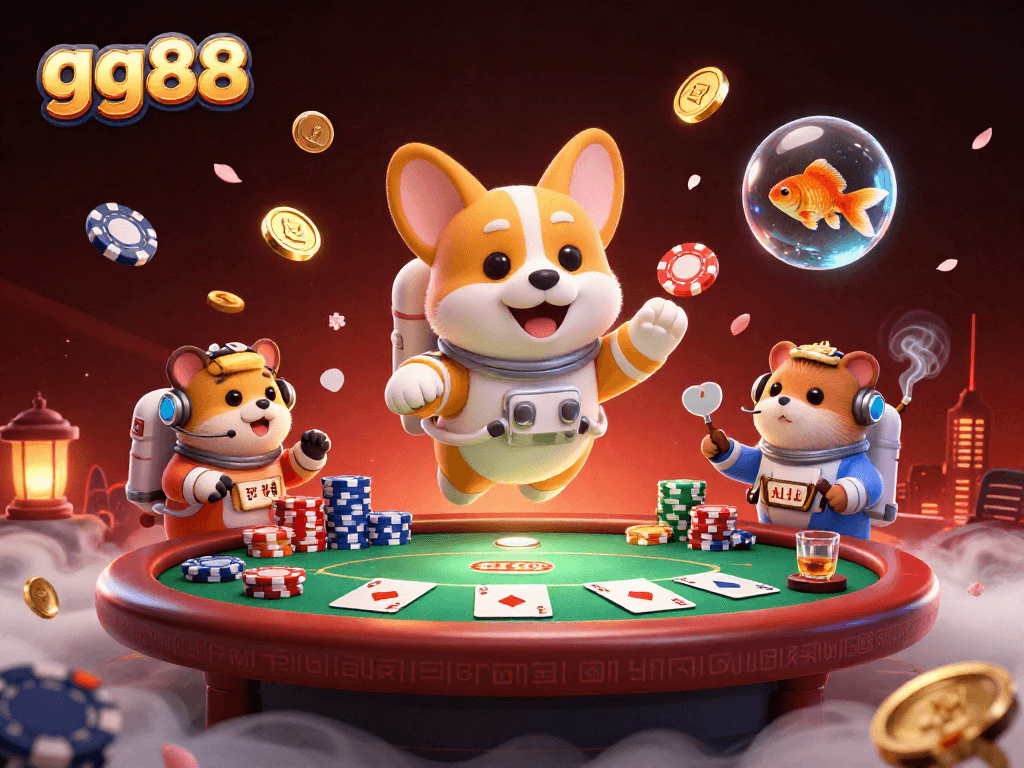 Interact with thrilling casino games at gg88, featuring vibrant poker action and unique characters.