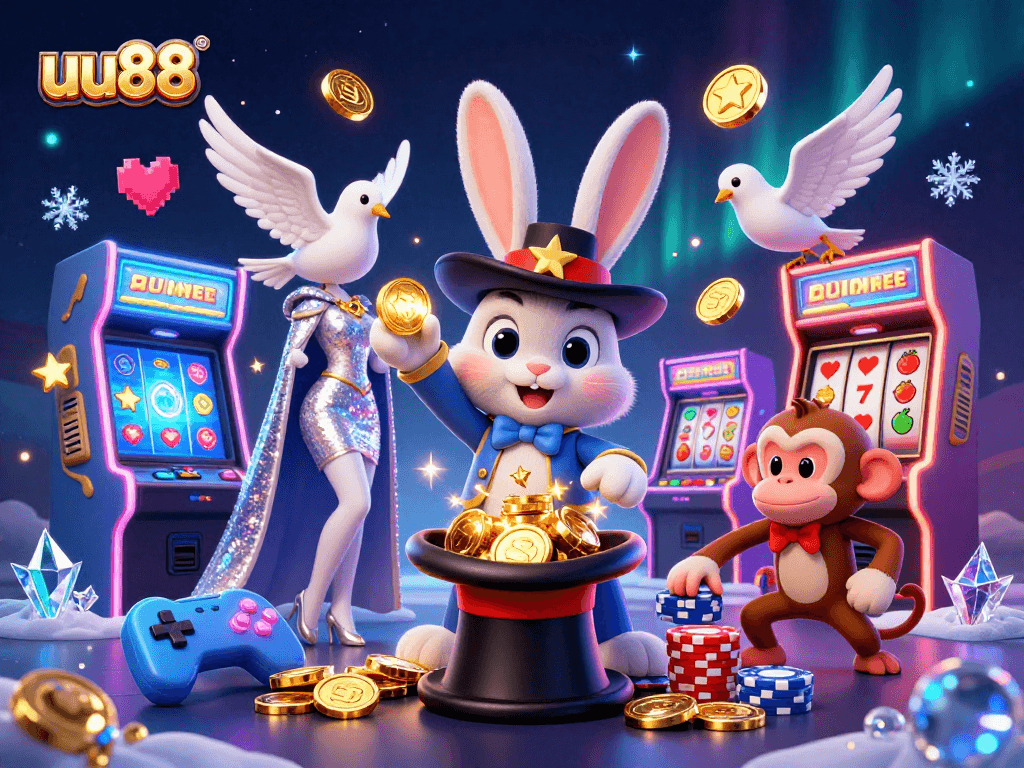 Engage with uu88 casino action featuring a magician rabbit, sequined dove, and playful monkey in a vibrant gaming scene.
