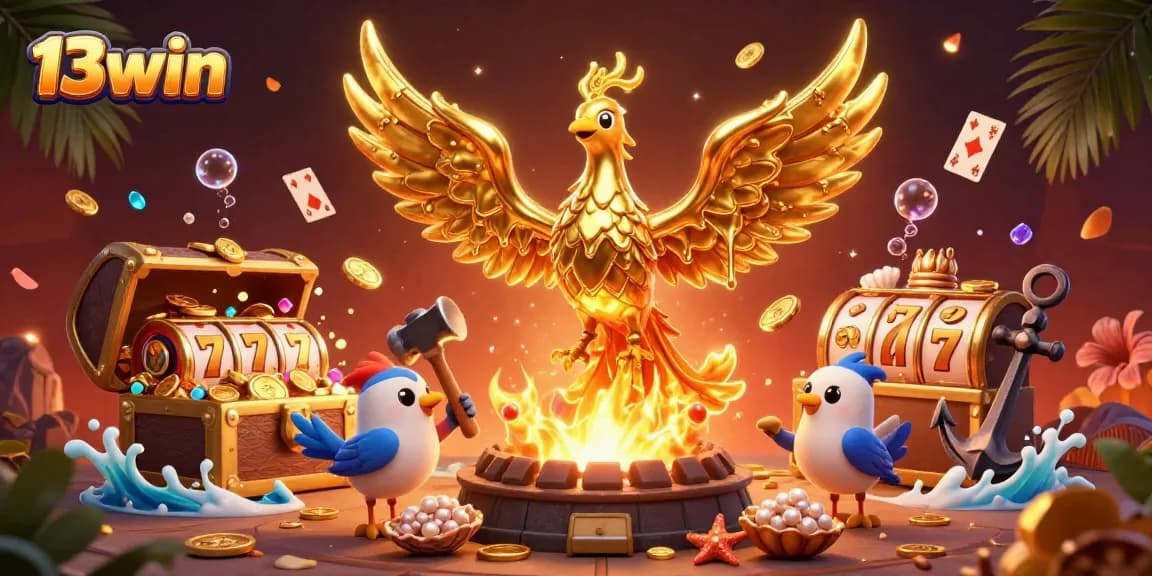 Experience thrilling gameplay at 13win with spectacular gold and slot elements in a vibrant scene.