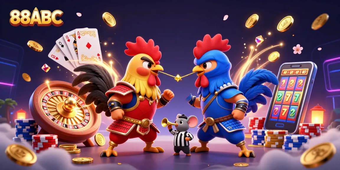 Experience thrilling battles like 88ABC's exciting matches between roosters in a casino atmosphere.