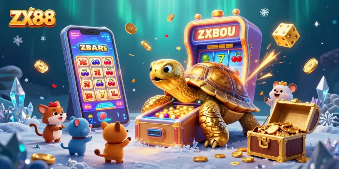 Engage with ZX88's vibrant casino world featuring a golden tortoise pinball machine surrounded by excitement.