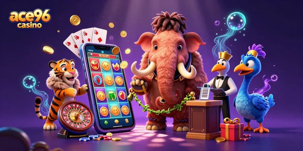 Experience excitement at ace96 casino with a vibrant gaming scene featuring characters and lively slot elements.