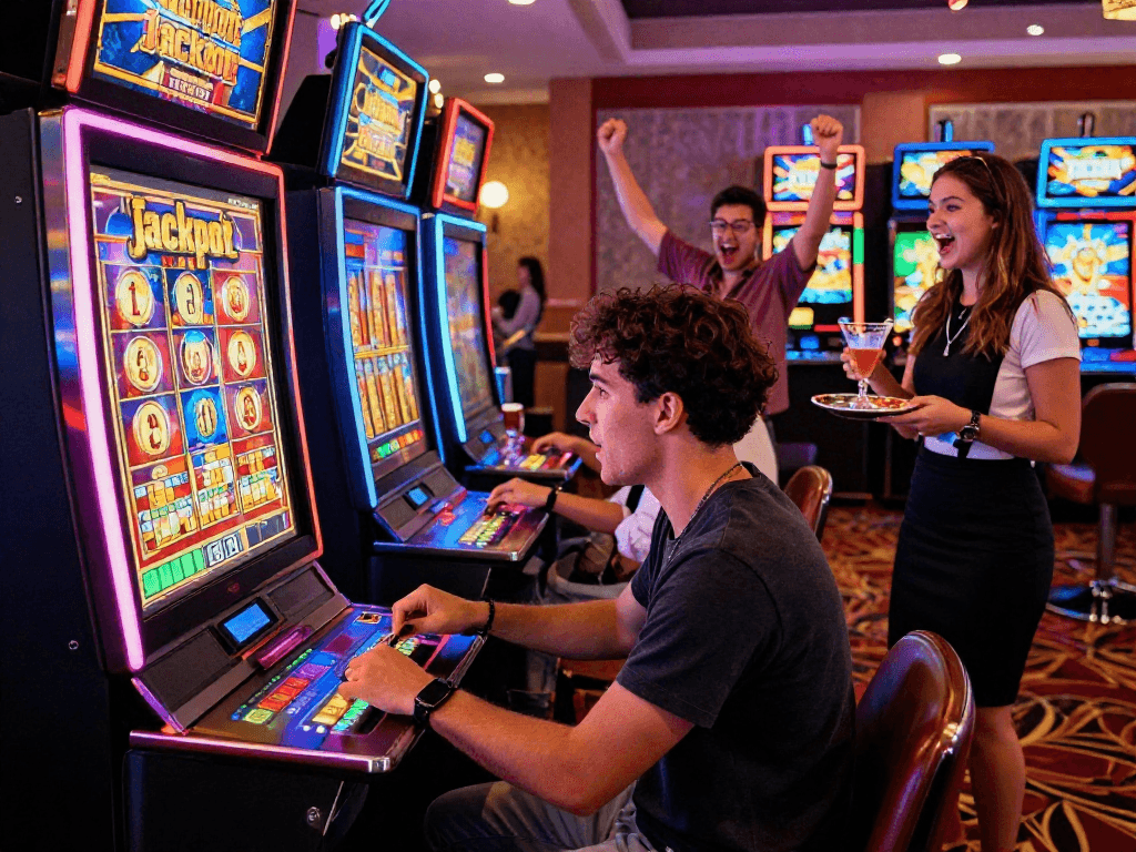 Exciting slot jackpot moment with players celebrating wins amidst vibrant casino lights.