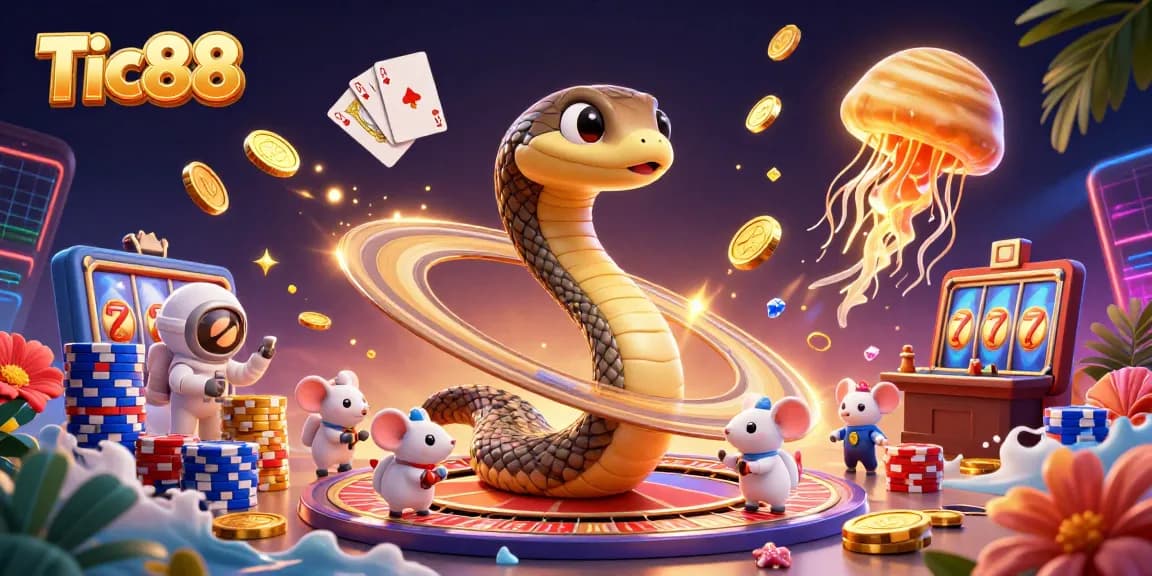Tic88's colorful 3D cosmic casino scene featuring a Saturn ring snake, astronaut mice betting, and a golden jellyfish dealer.