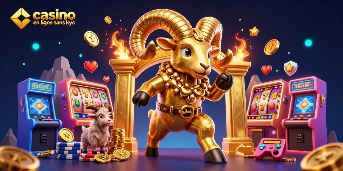 Profitez de l'excitation d'un casino en ligne sans KYC avec un bélier doré chargé vers une porte en or, entouré de machines à sous animées.