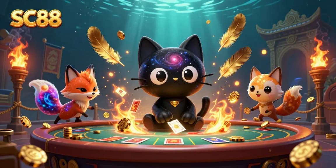 Experience SC88's cosmic casino ambiance with a black hole cat captivating golden chips and cards.