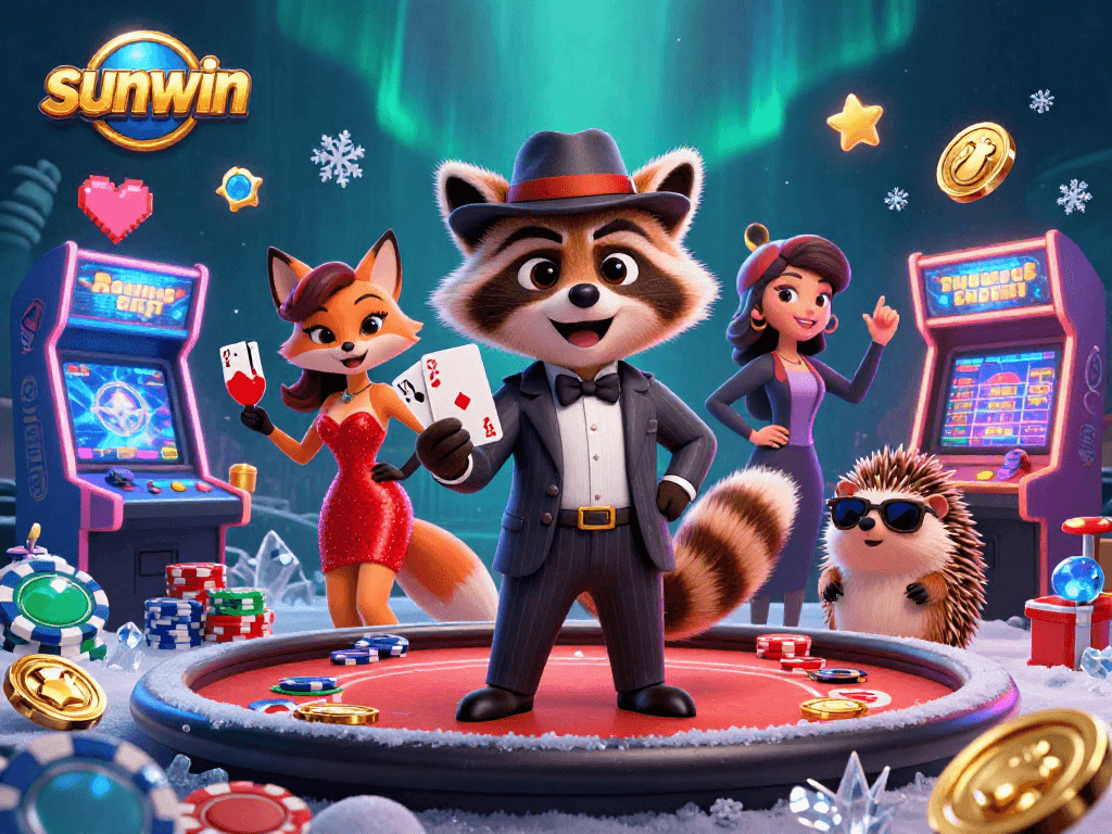 Join sunwin's exciting poker scene with a suave raccoon and charming fox, showcasing thrilling gameplay.