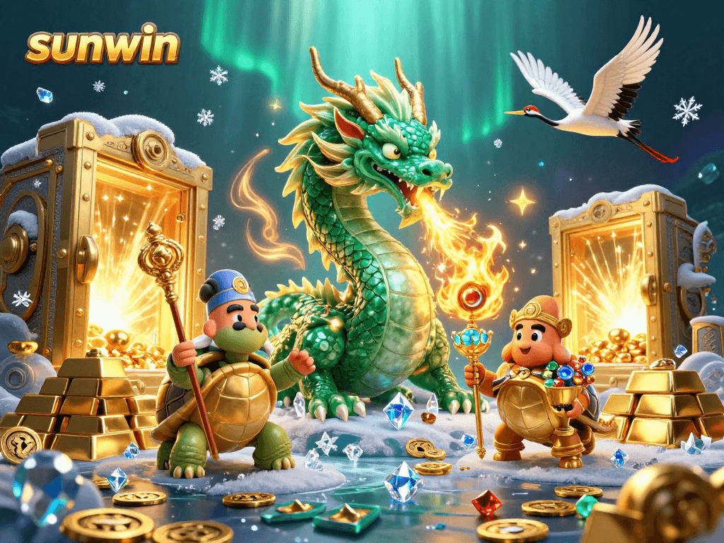 Win big with sunwin featuring a vibrant 3D illustration of a dragon and turtle sage.