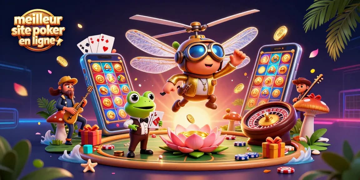 Jouez sur le meilleur site de poker en ligne avec une illustration dynamique de croupiers et jeux de cartes.